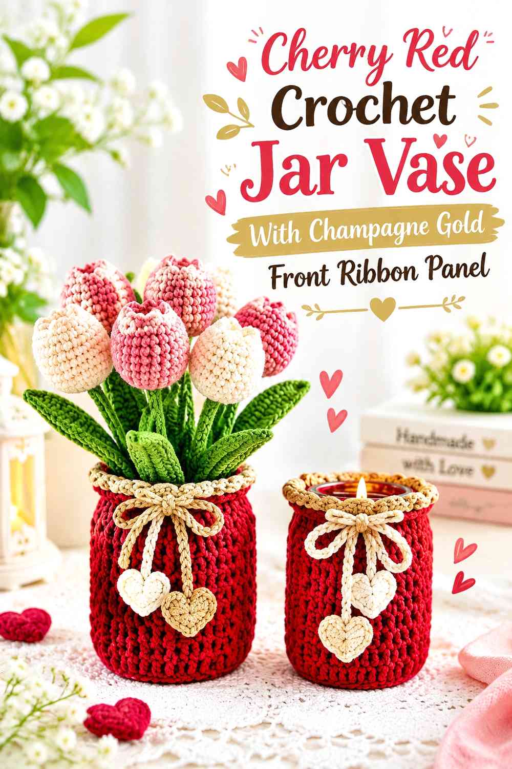 Cherry Red Crochet Jar Vase With Champagne Gold Front Ribbon Panel