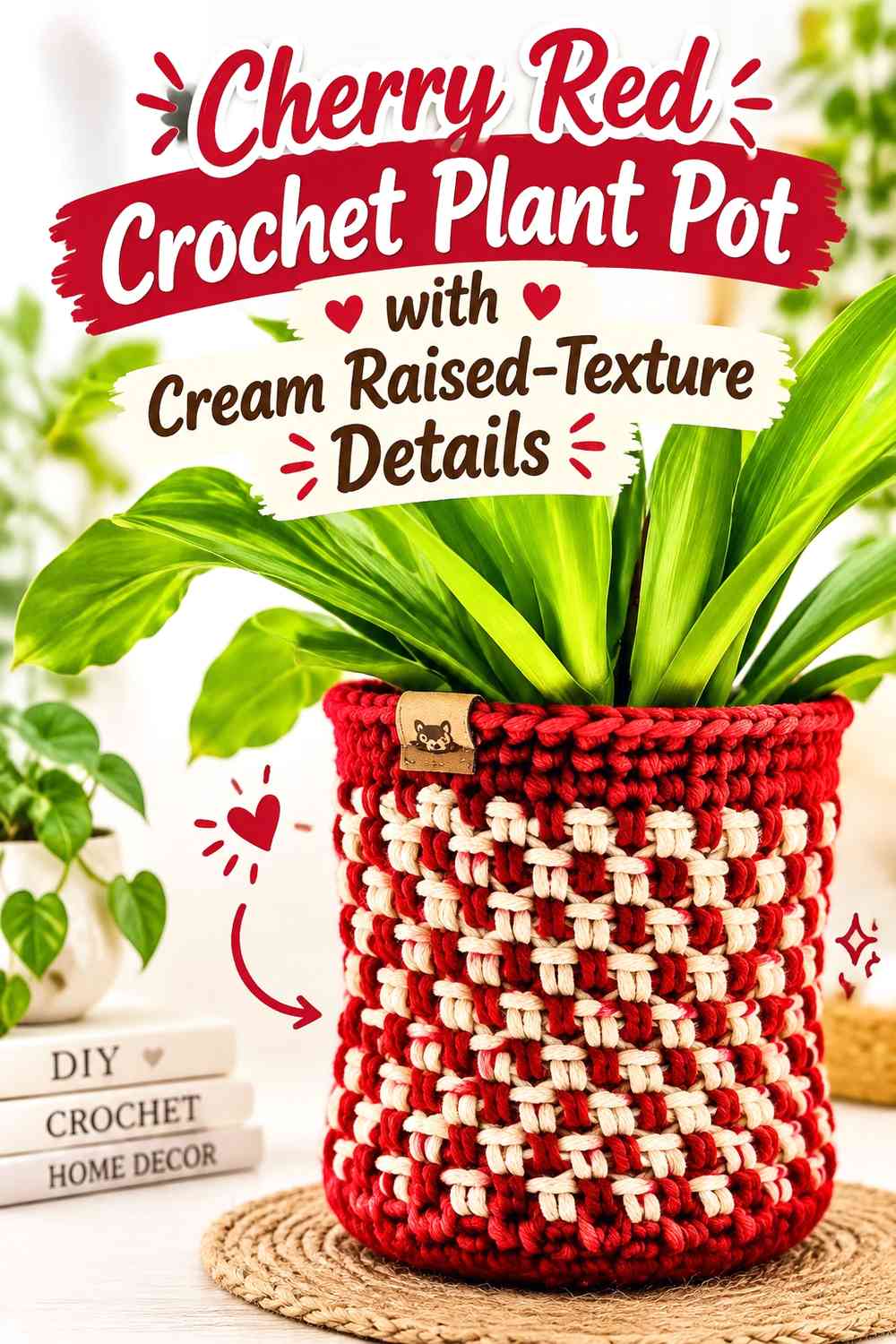 Cherry Red Crochet Plant Pot with Cream Raised-Texture Details