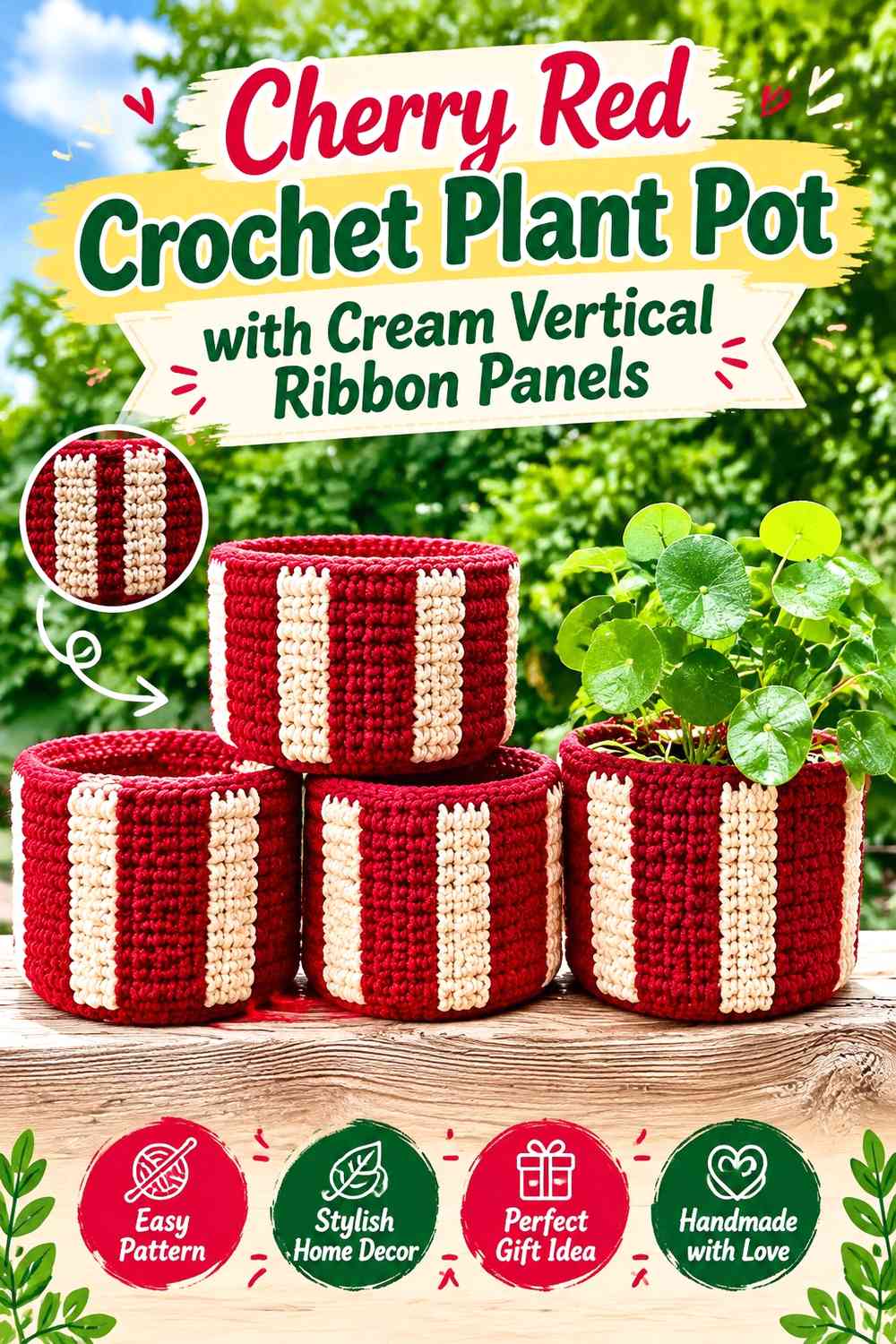 Cherry Red Crochet Plant Pot with Cream Vertical Ribbon Panels