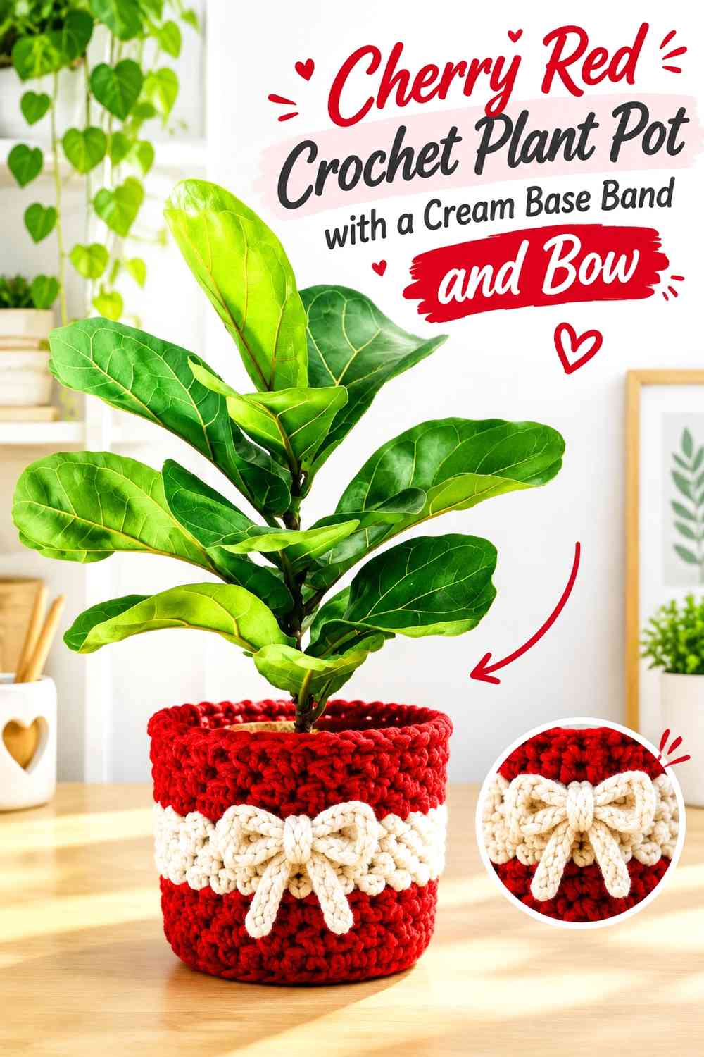 Cherry Red Crochet Plant Pot with a Cream Base Band and Bow