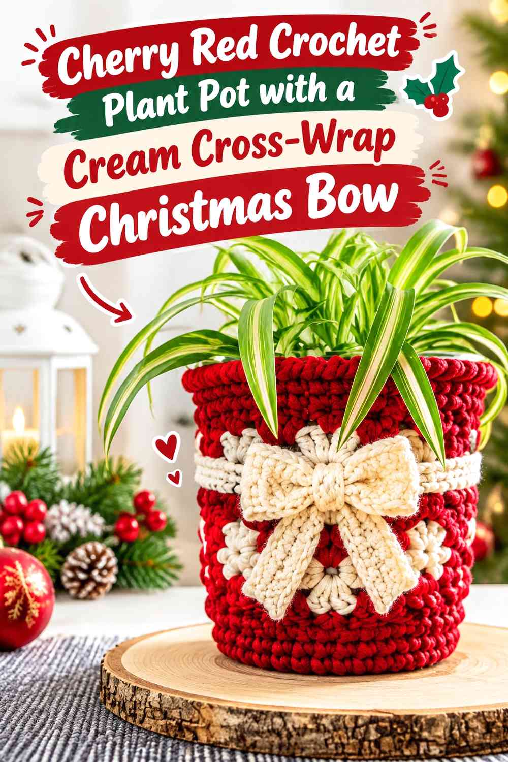 Cherry Red Crochet Plant Pot with a Cream Cross-Wrap Christmas Bow