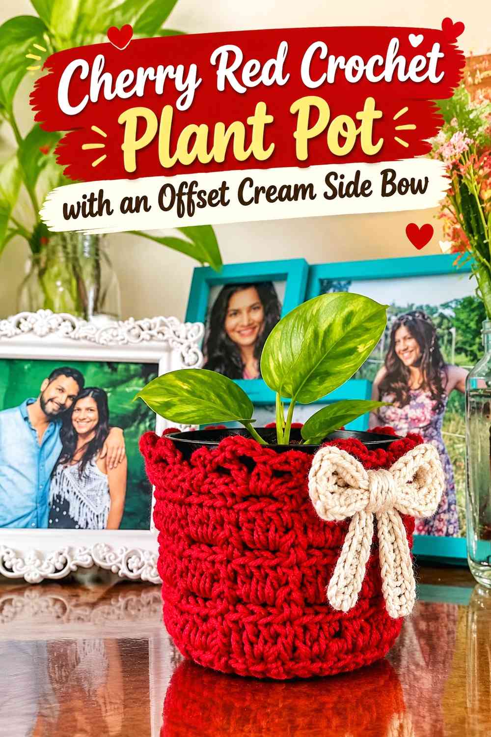 Cherry Red Crochet Plant Pot with an Offset Cream Side Bow