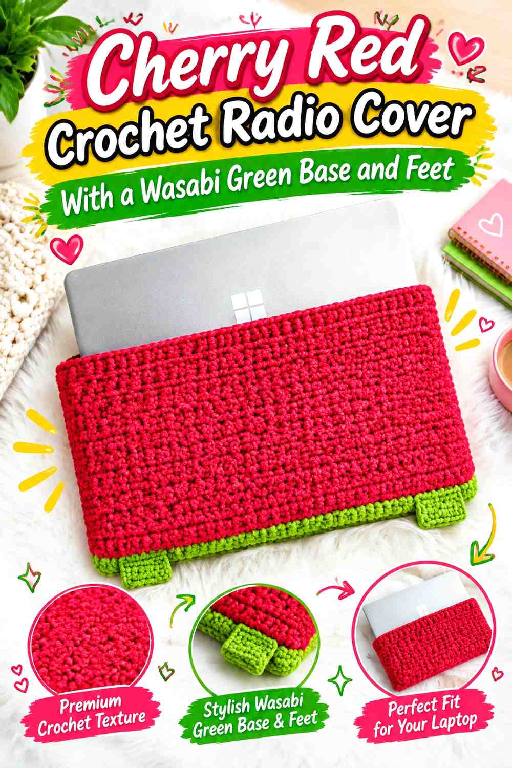 Cherry Red Crochet Radio Cover With a Wasabi Green Base and Feet