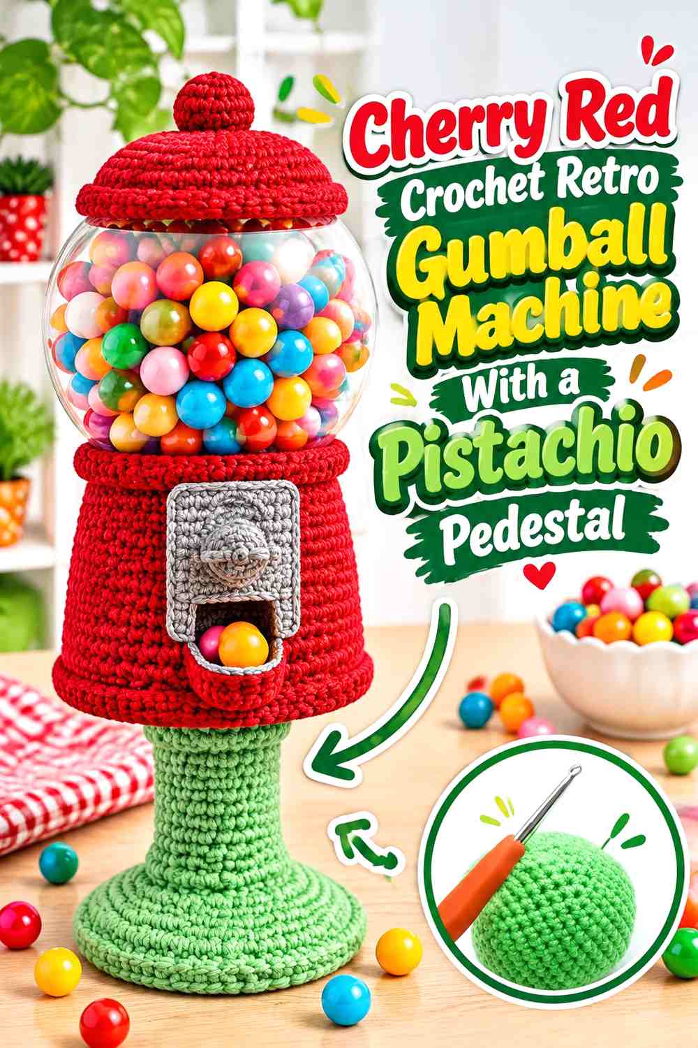 Cherry Red Crochet Retro Gumball Machine With a Pistachio Pedestal