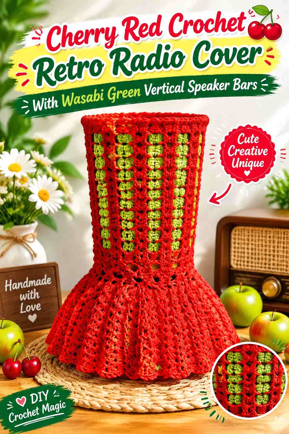 Cherry Red Crochet Retro Radio Cover With Wasabi Green Vertical Speaker Bars