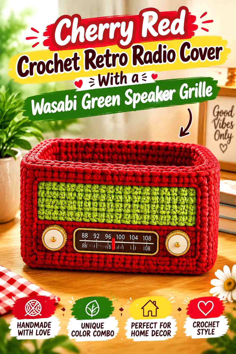 Cherry Red Crochet Retro Radio Cover With a Wasabi Green Speaker Grille