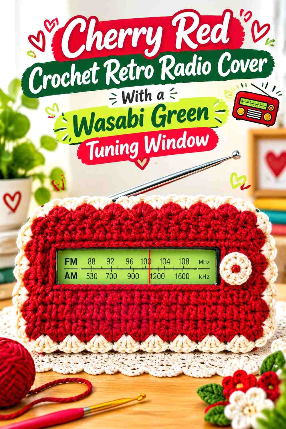 Cherry Red Crochet Retro Radio Cover With a Wasabi Green Tuning Window