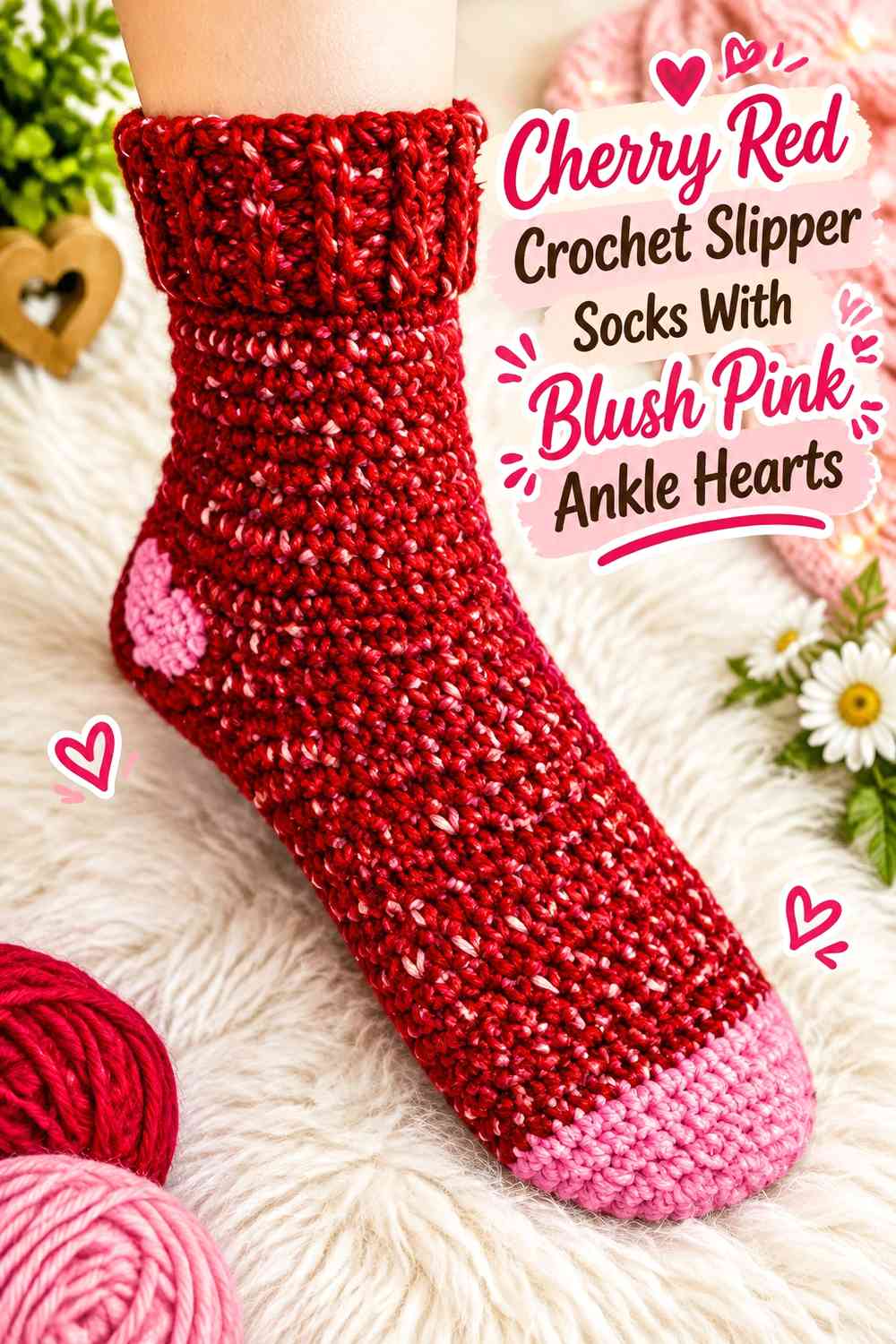 Cherry Red Crochet Slipper Socks With Blush Pink Ankle Hearts