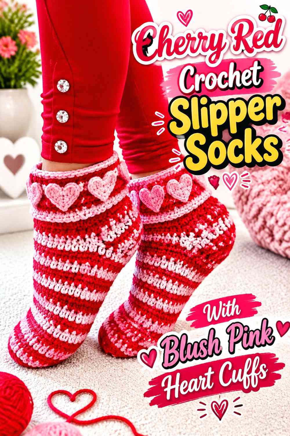 Cherry Red Crochet Slipper Socks With Blush Pink Heart Cuffs