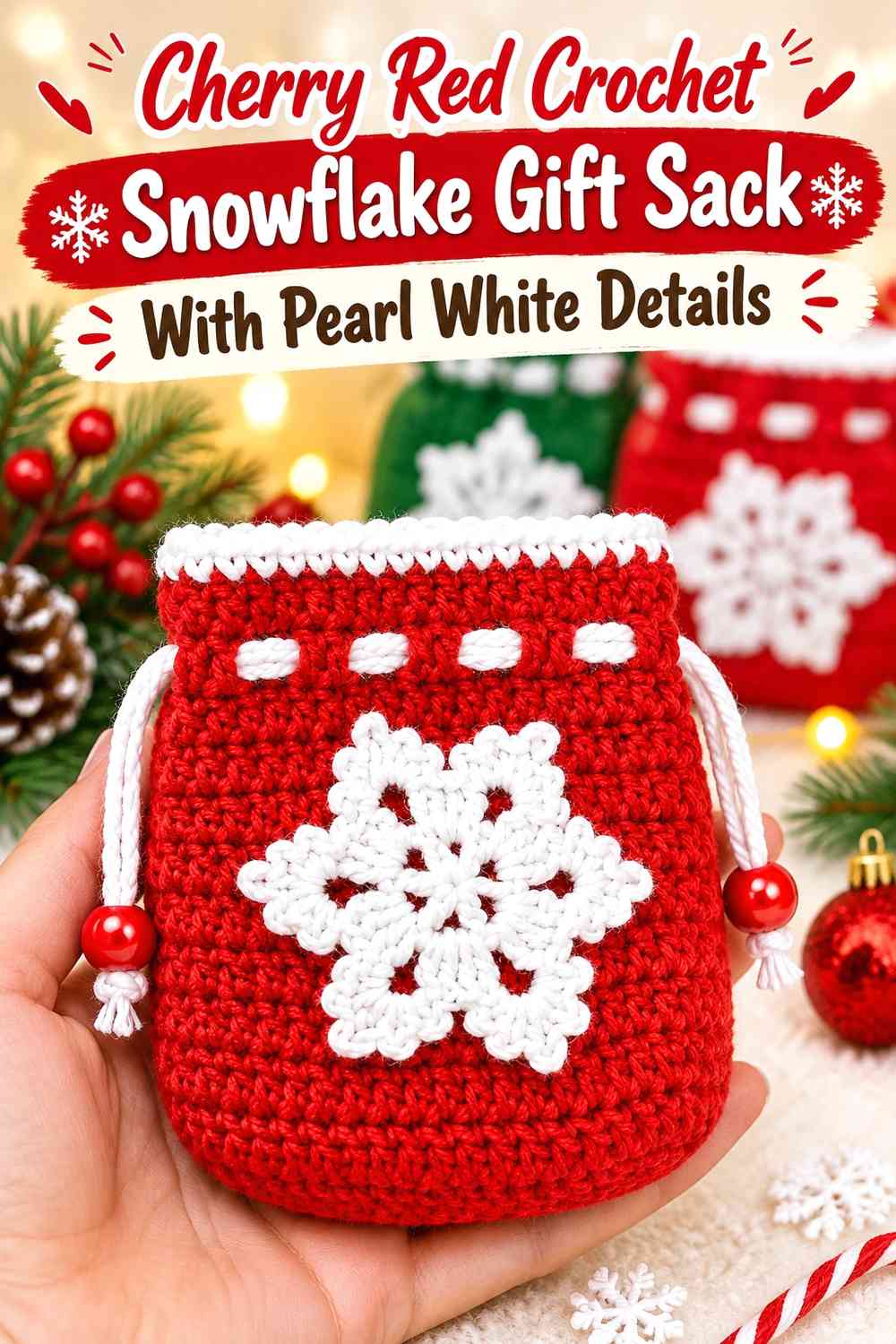 Cherry Red Crochet Snowflake Gift Sack With Pearl White Details