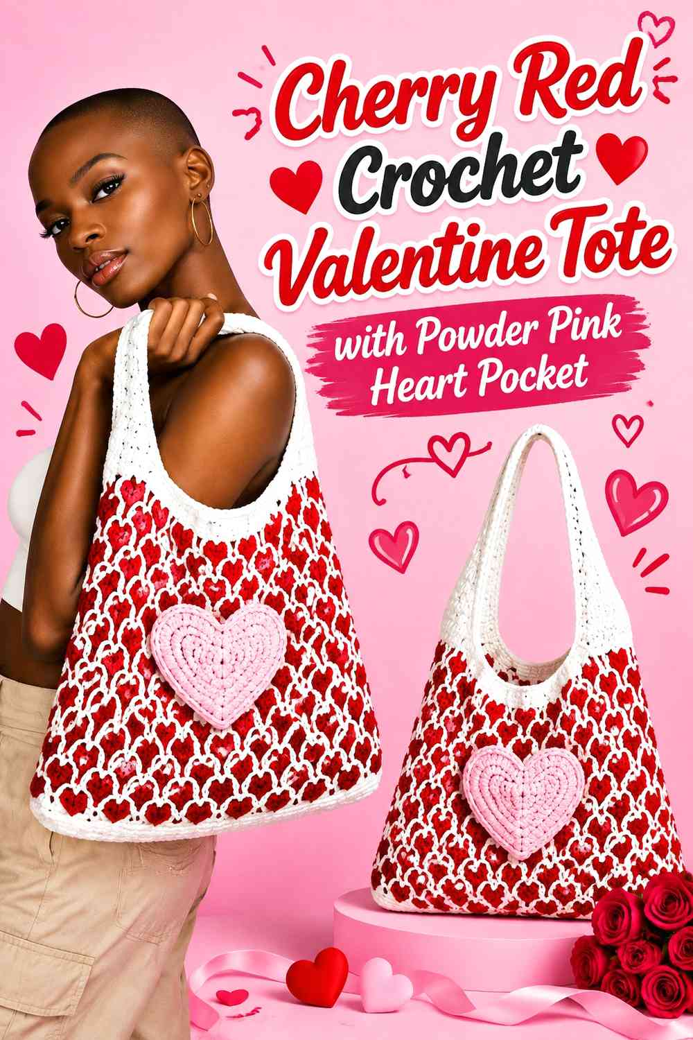 Cherry Red Crochet Valentine Tote with Powder Pink Heart Pocket