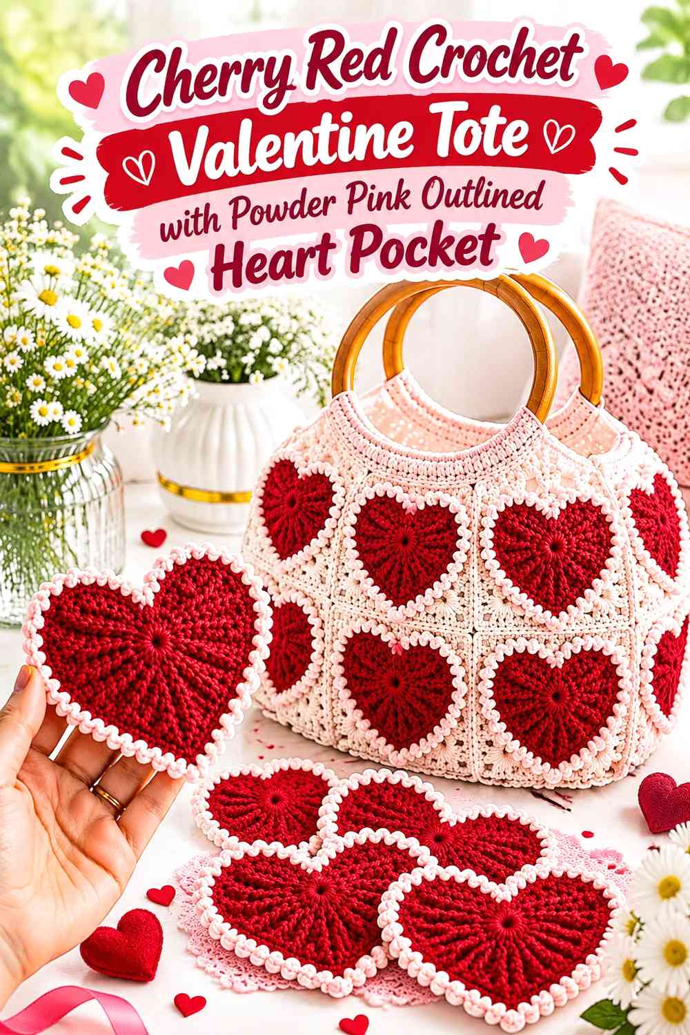 Cherry Red Crochet Valentine Tote with Powder Pink Outlined Heart Pocket