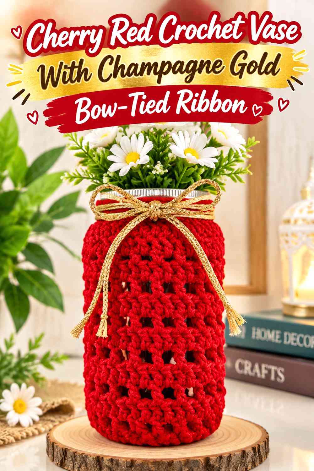 Cherry Red Crochet Vase With Champagne Gold Bow-Tied Ribbon