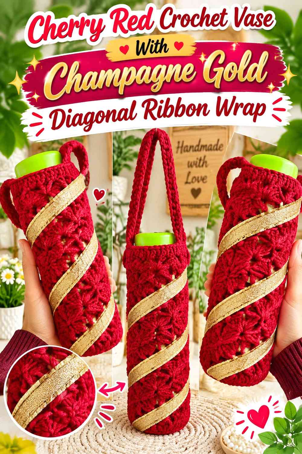 Cherry Red Crochet Vase With Champagne Gold Diagonal Ribbon Wrap