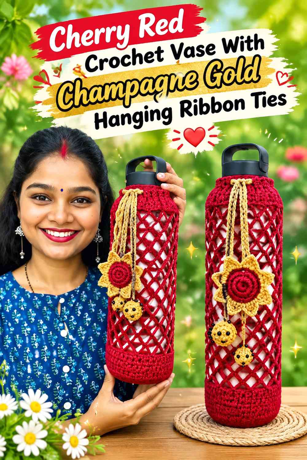 Cherry Red Crochet Vase With Champagne Gold Hanging Ribbon Ties