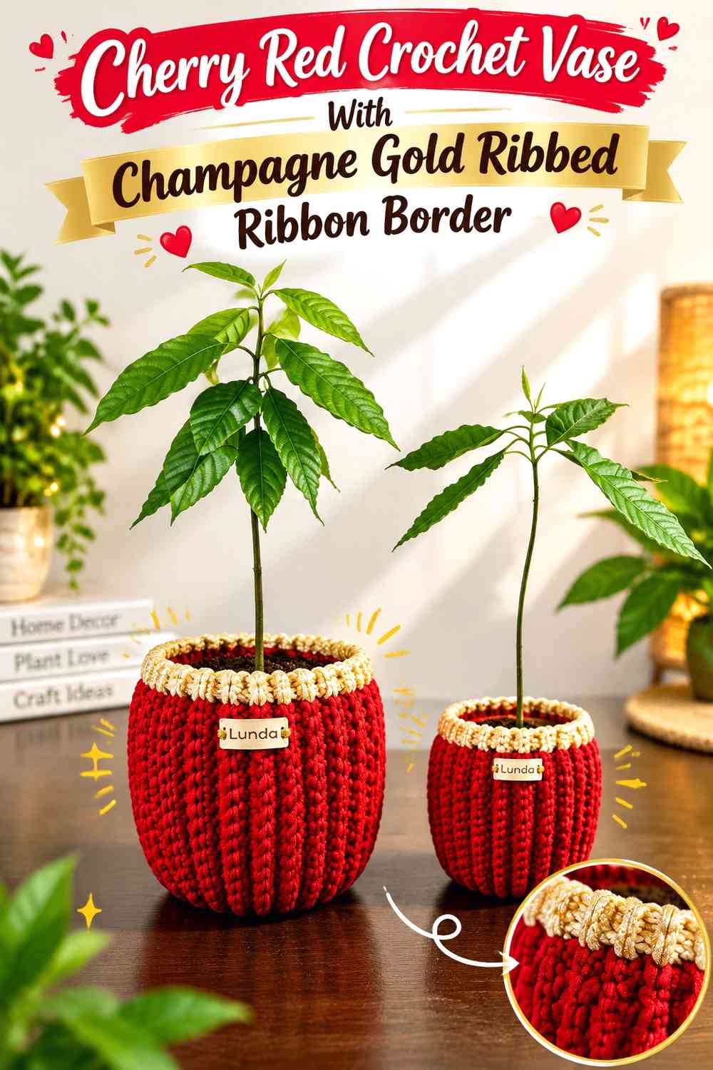 Cherry Red Crochet Vase With Champagne Gold Ribbed Ribbon Border
