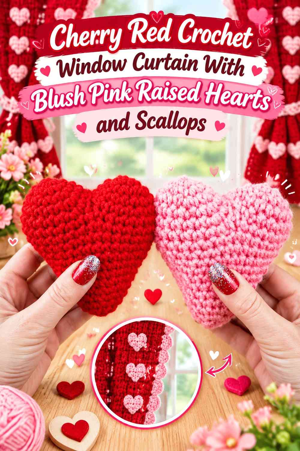 Cherry Red Crochet Window Curtain With Blush Pink Raised Hearts and Scallops