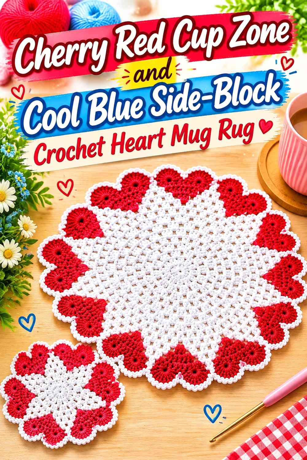 Cherry Red Cup Zone and Cool Blue Side-Block Crochet Heart Mug Rug