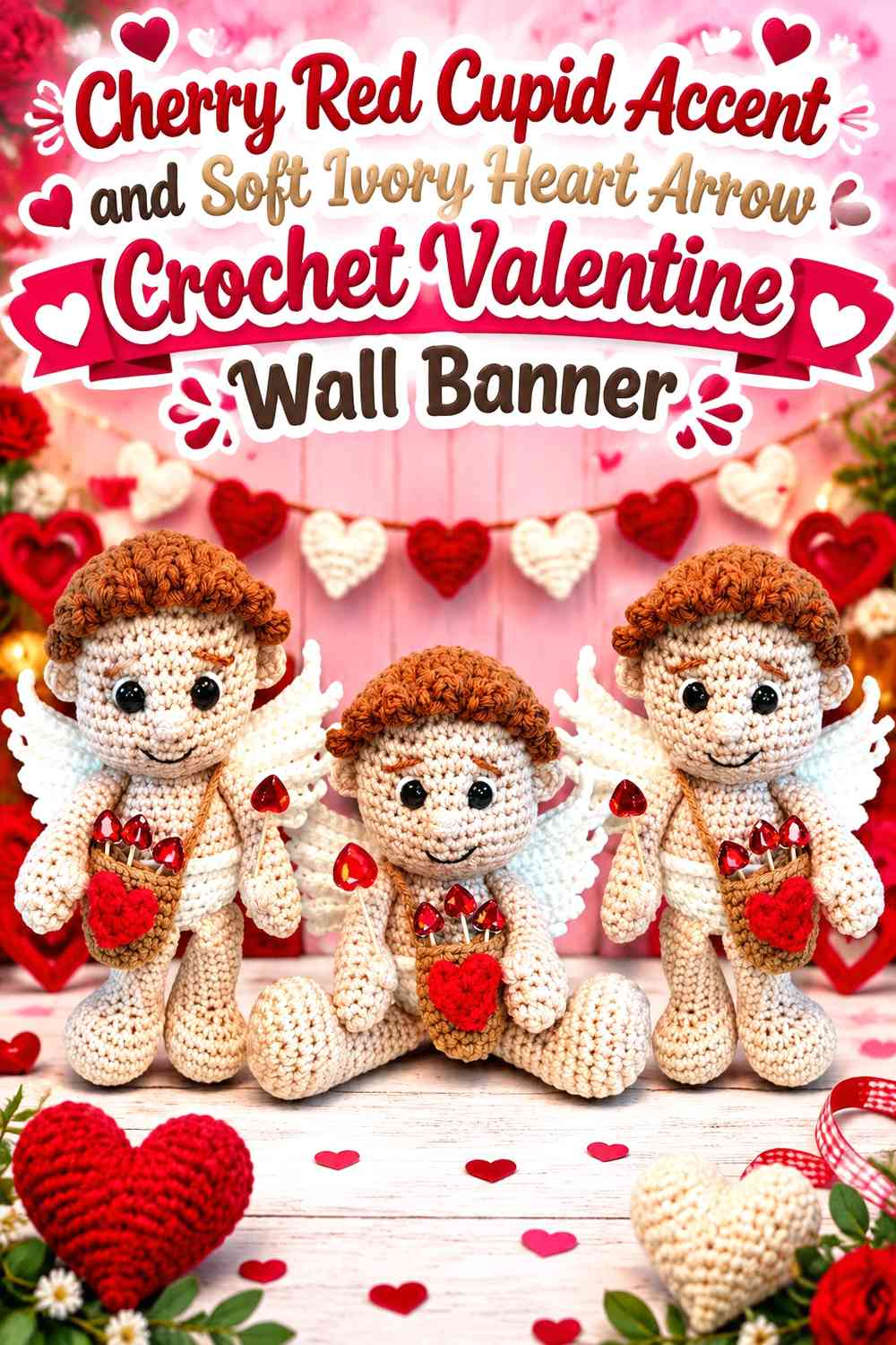 Cherry Red Cupid Accent and Soft Ivory Heart Arrow Crochet Valentine Wall Banner