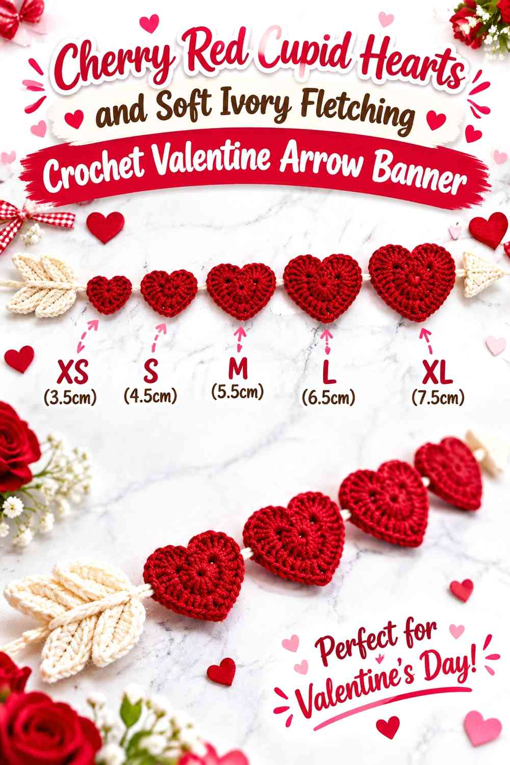 Cherry Red Cupid Hearts and Soft Ivory Fletching Crochet Valentine Arrow Banner