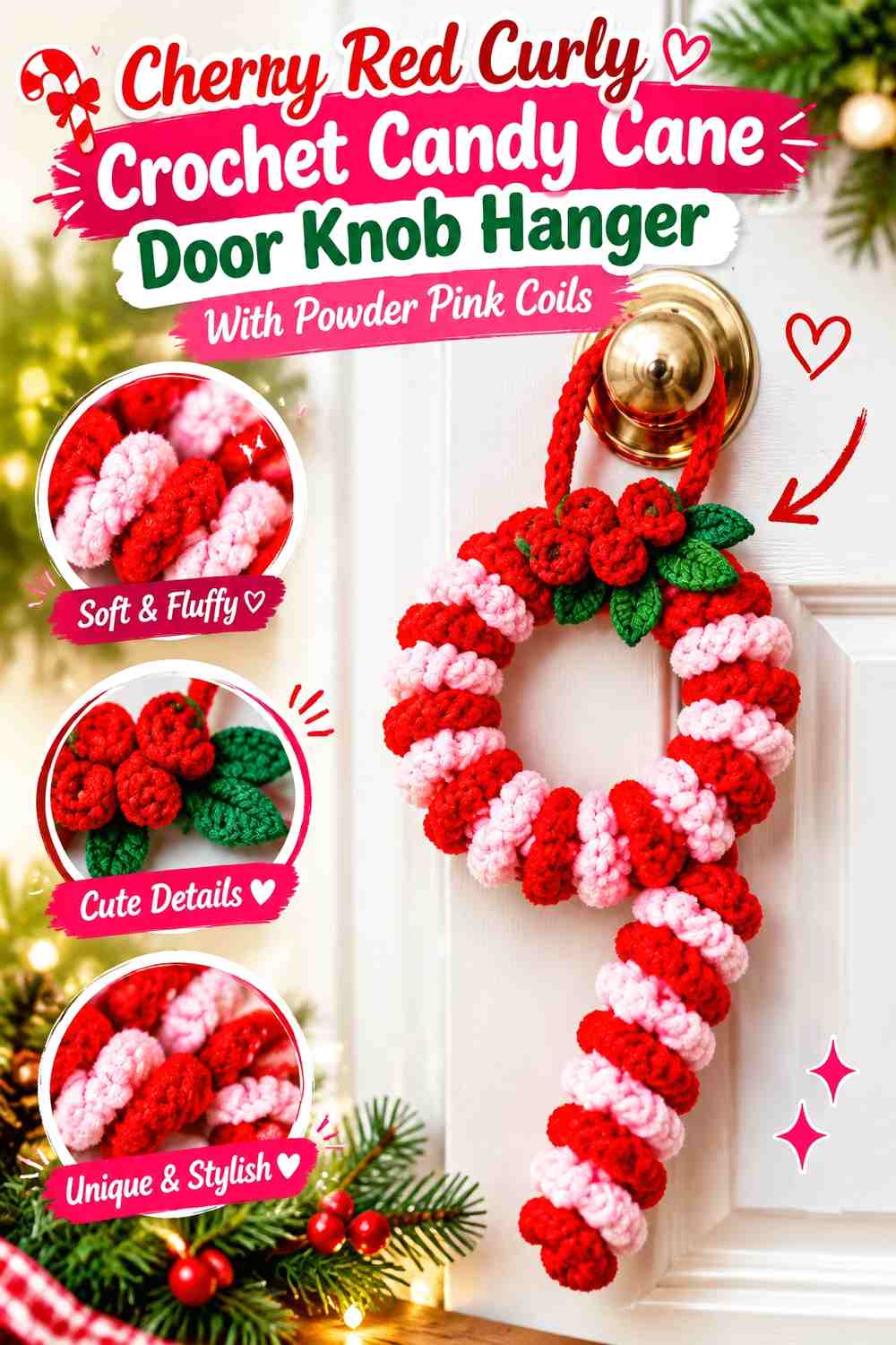 Cherry Red Curly Crochet Candy Cane Door Knob Hanger With Powder Pink Coils