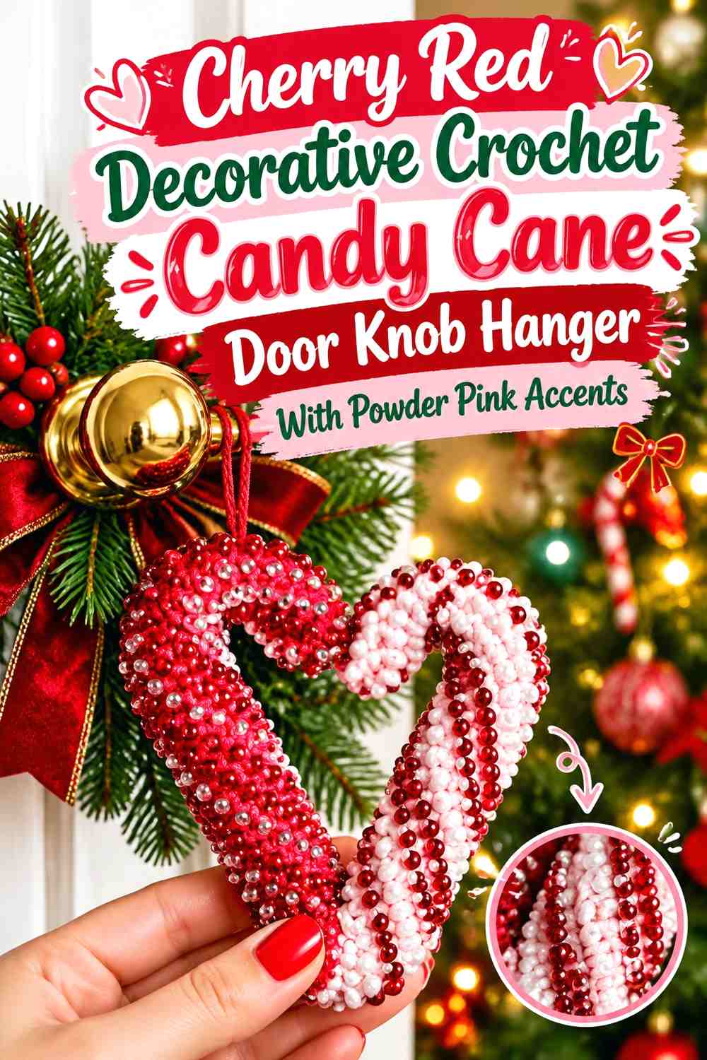 Cherry Red Decorative Crochet Candy Cane Door Knob Hanger With Powder Pink Accents