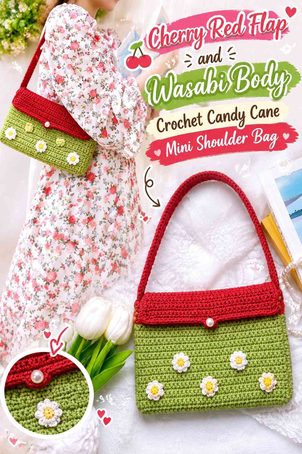 Cherry Red Flap and Wasabi Body Crochet Candy Cane Mini Shoulder Bag