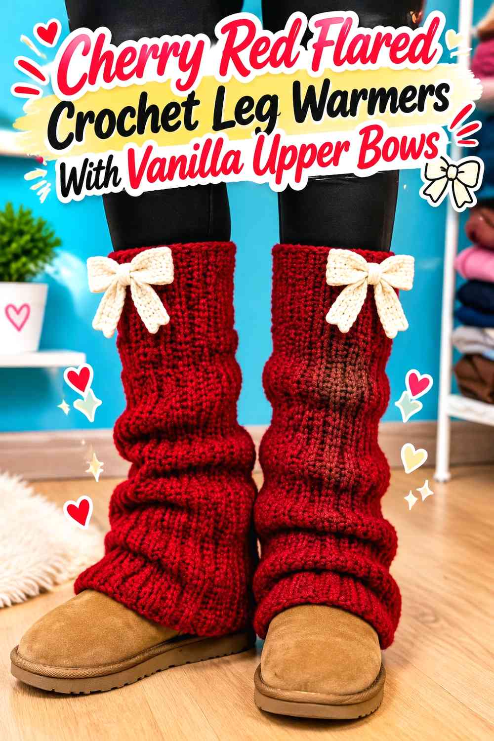 Cherry Red Flared Crochet Leg Warmers With Vanilla Upper Bows