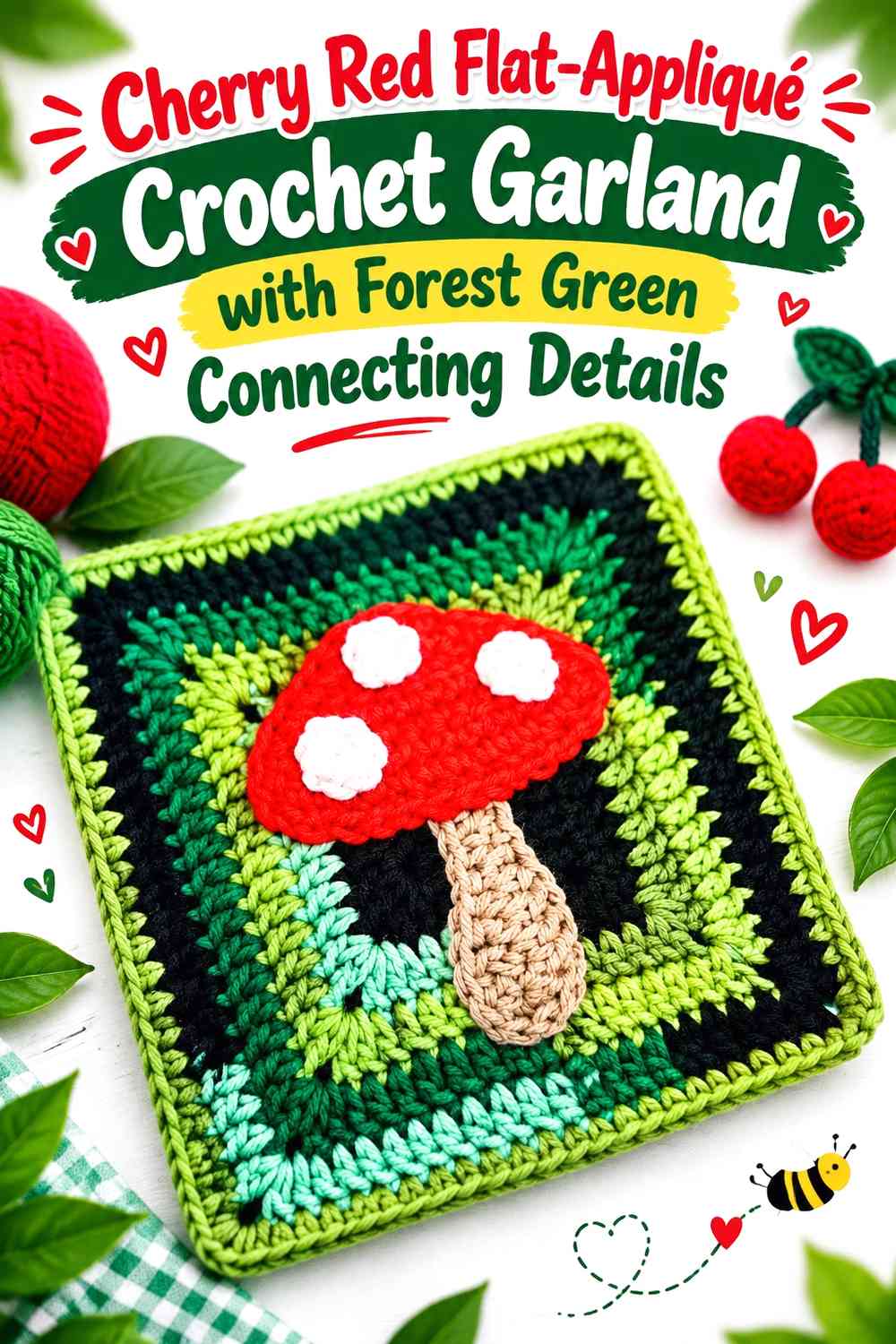 Cherry Red Flat-Appliqué Crochet Garland with Forest Green Connecting Details