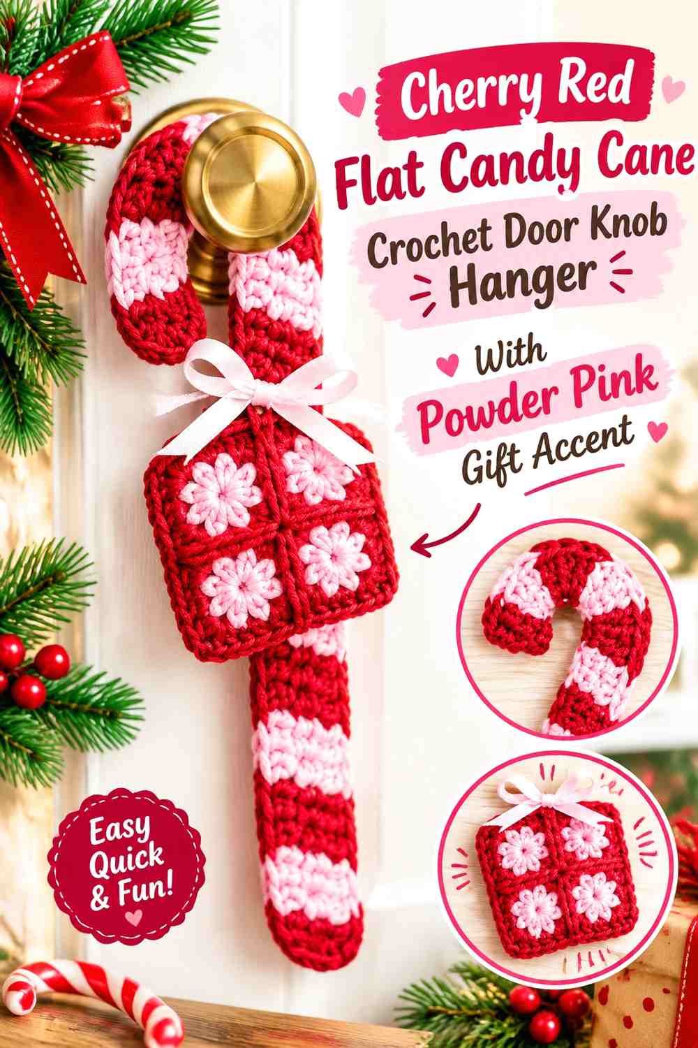 Cherry Red Flat Candy Cane Crochet Door Knob Hanger With Powder Pink Gift Accent