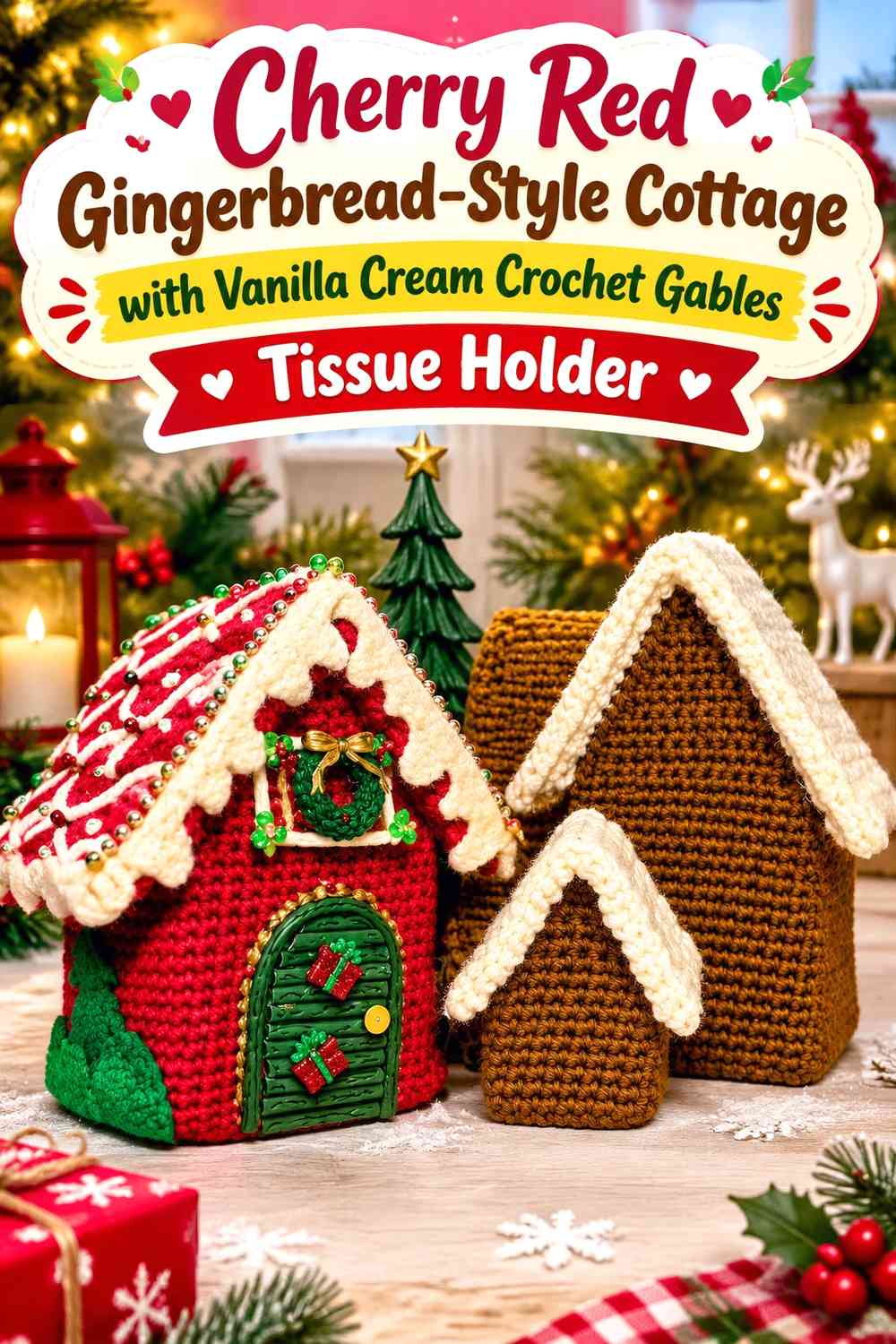 Cherry Red Gingerbread-Style Cottage with Vanilla Cream Crochet Gables Tissue Holder