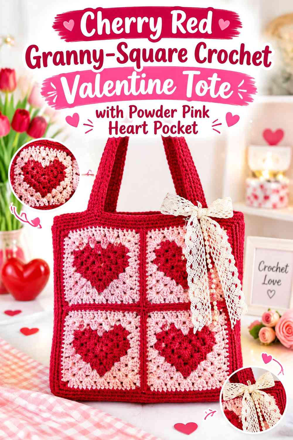 Cherry Red Granny-Square Crochet Valentine Tote with Powder Pink Heart Pocket