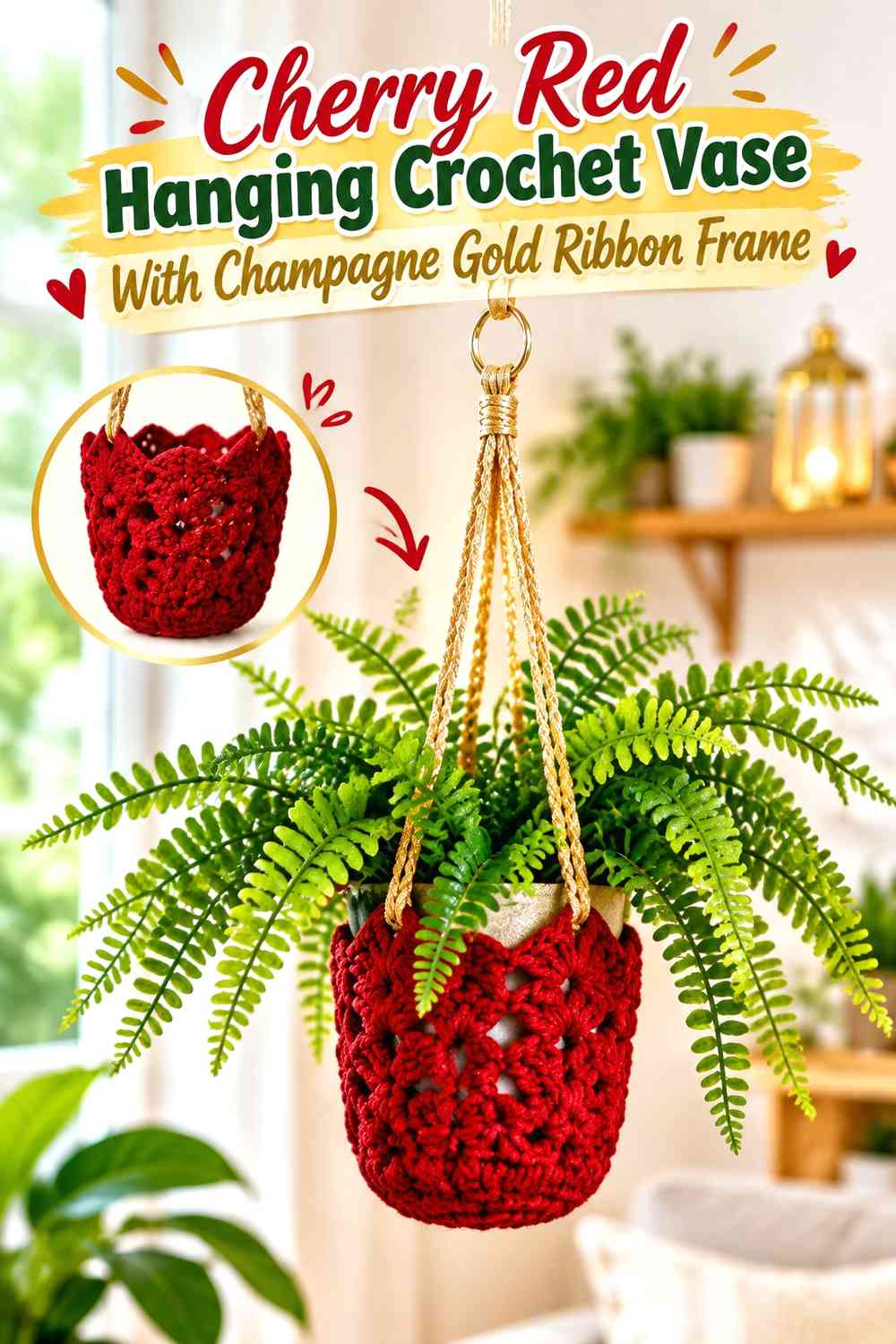 Cherry Red Hanging Crochet Vase With Champagne Gold Ribbon Frame