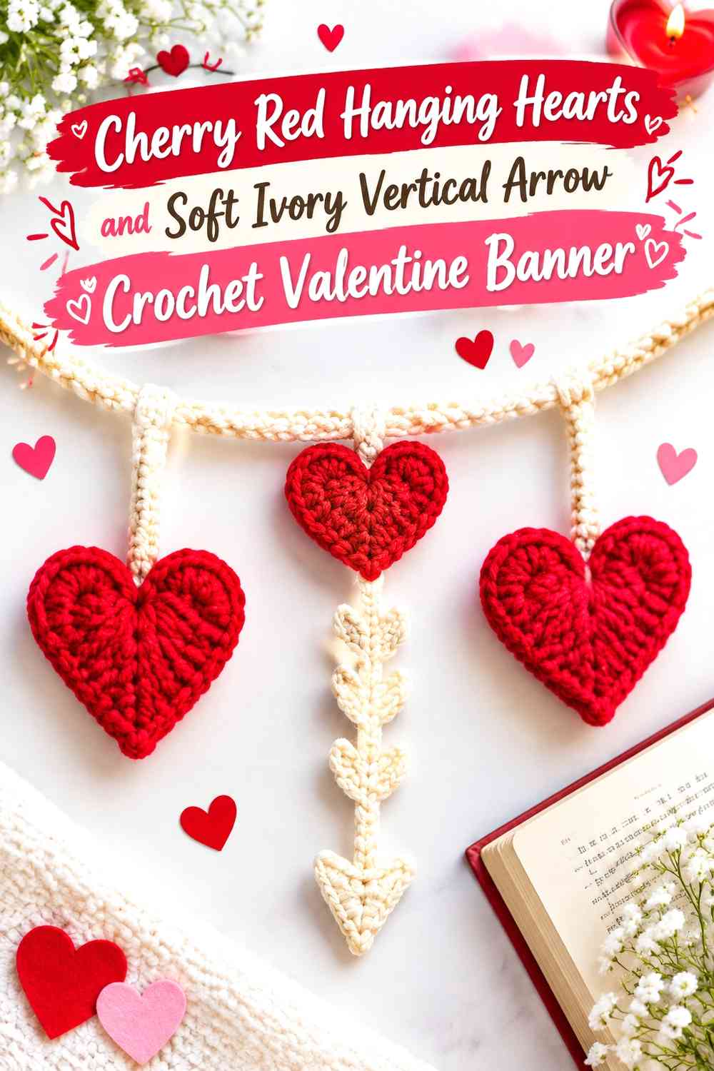 Cherry Red Hanging Hearts and Soft Ivory Vertical Arrow Crochet Valentine Banner