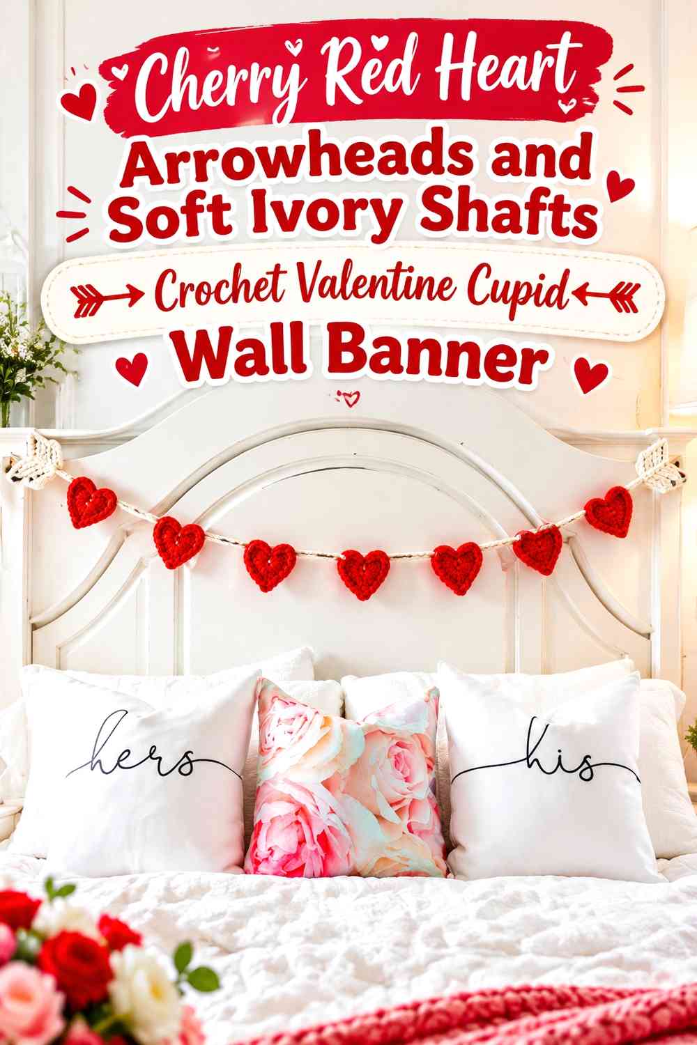 Cherry Red Heart Arrowheads and Soft Ivory Shafts Crochet Valentine Cupid Wall Banner