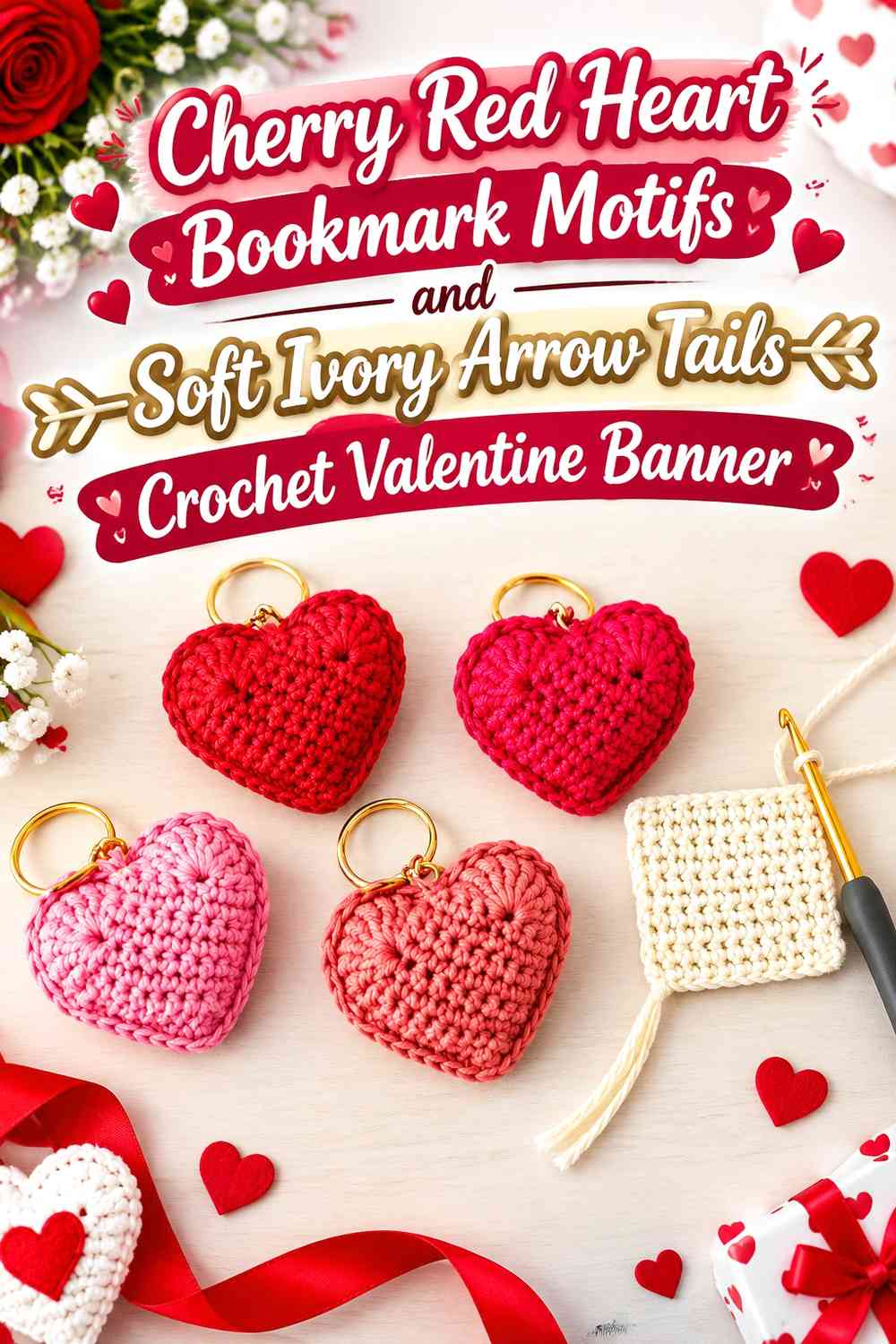 Cherry Red Heart Bookmark Motifs and Soft Ivory Arrow Tails Crochet Valentine Banner
