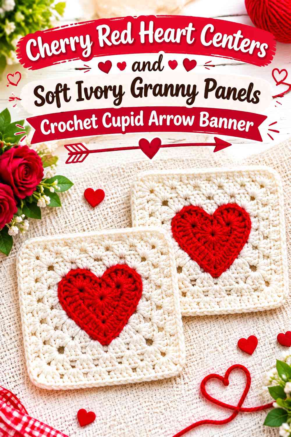 Cherry Red Heart Centers and Soft Ivory Granny Panels Crochet Cupid Arrow Banner