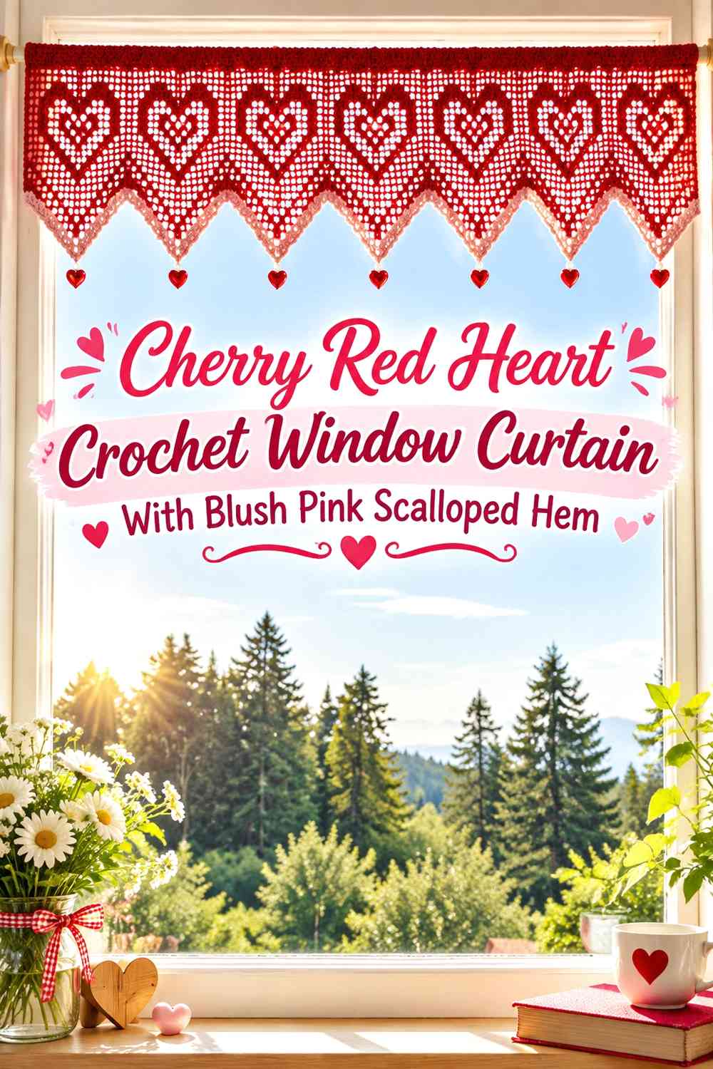 Cherry Red Heart Crochet Window Curtain With Blush Pink Scalloped Hem