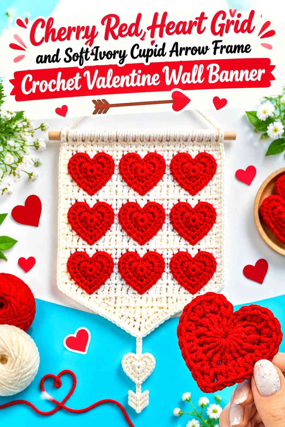 Cherry Red Heart Grid and Soft Ivory Cupid Arrow Frame Crochet Valentine Wall Banner