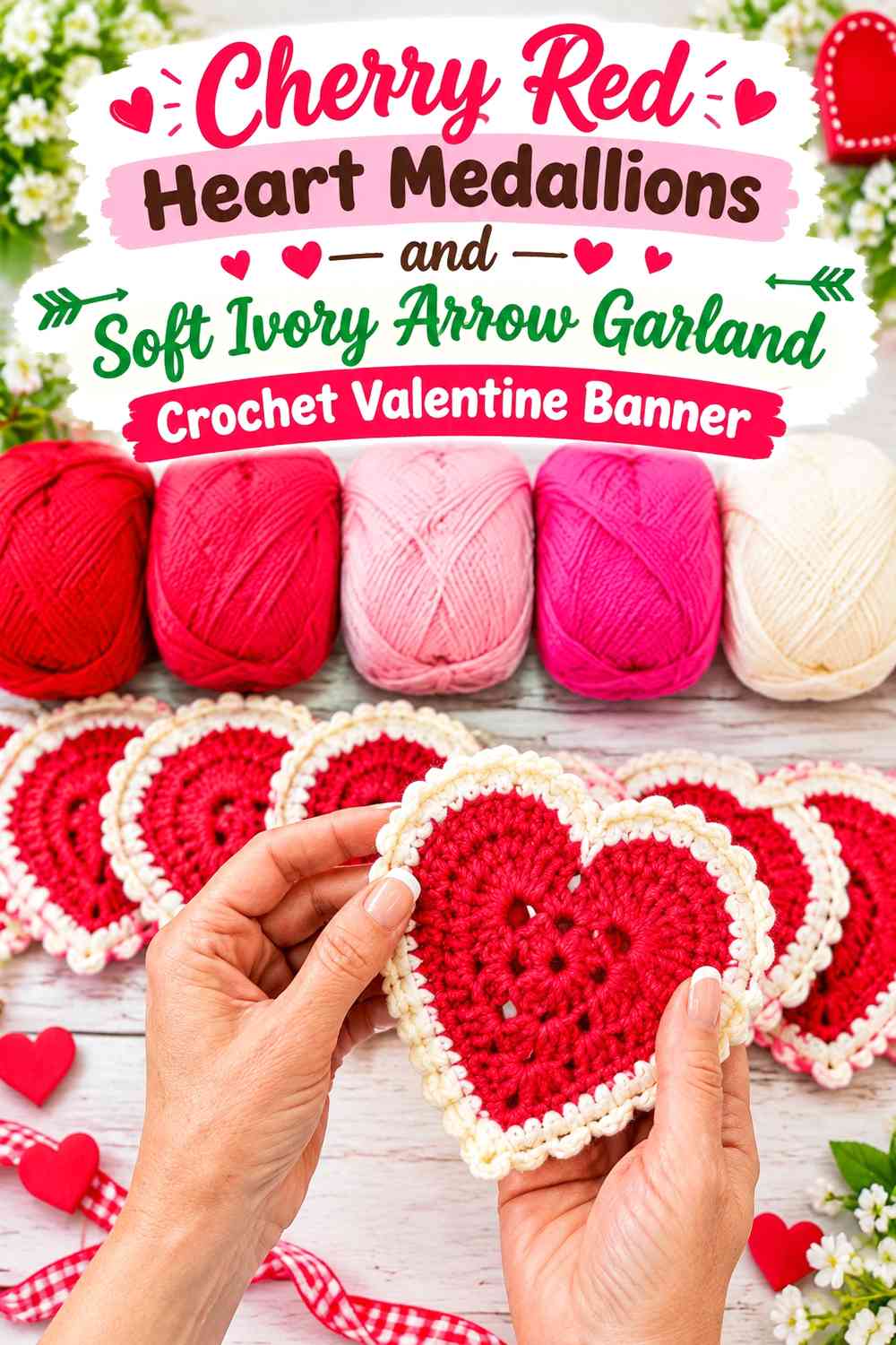Cherry Red Heart Medallions and Soft Ivory Arrow Garland Crochet Valentine Banner
