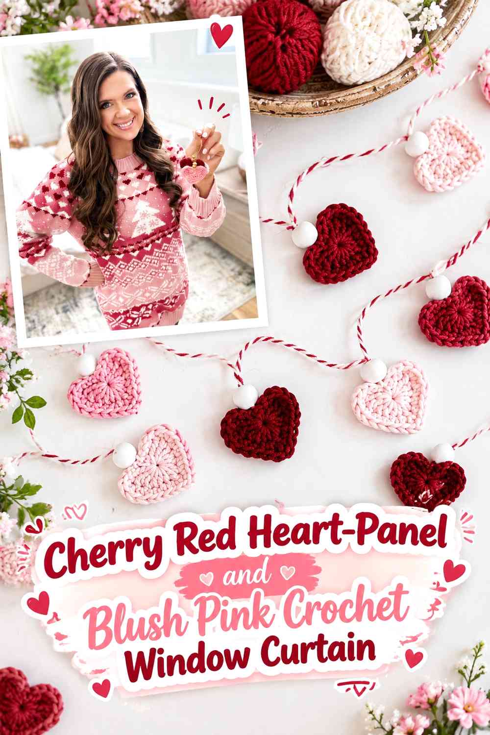Cherry Red Heart-Panel and Blush Pink Crochet Window Curtain
