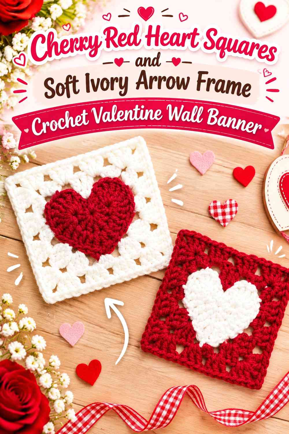 Cherry Red Heart Squares and Soft Ivory Arrow Frame Crochet Valentine Wall Banner