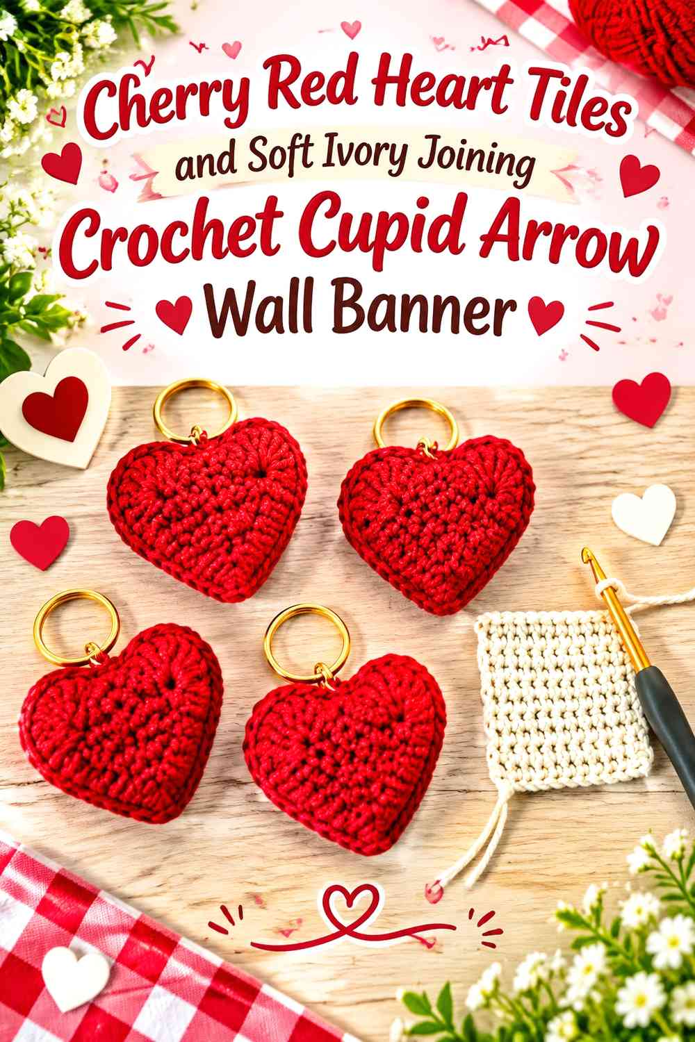 Cherry Red Heart Tiles and Soft Ivory Joining Crochet Cupid Arrow Wall Banner