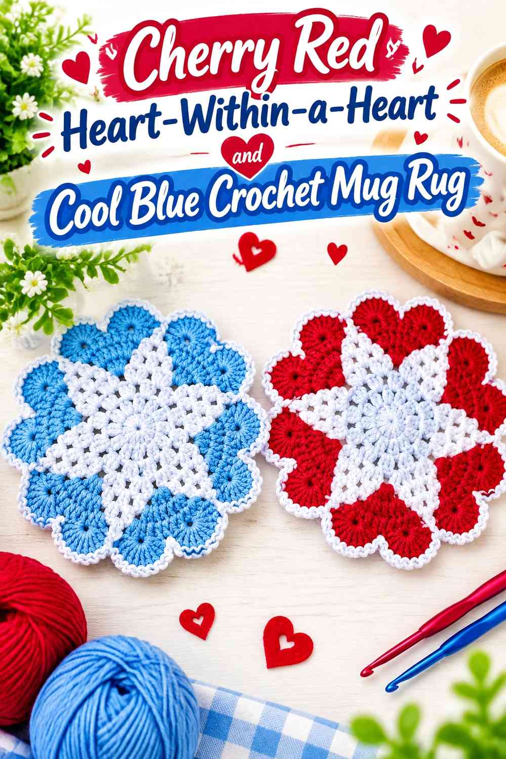 Cherry Red Heart-Within-a-Heart and Cool Blue Crochet Mug Rug