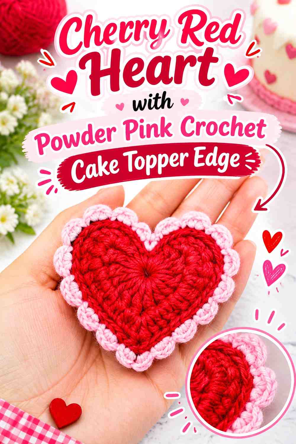 Cherry Red Heart with Powder Pink Crochet Cake Topper Edge