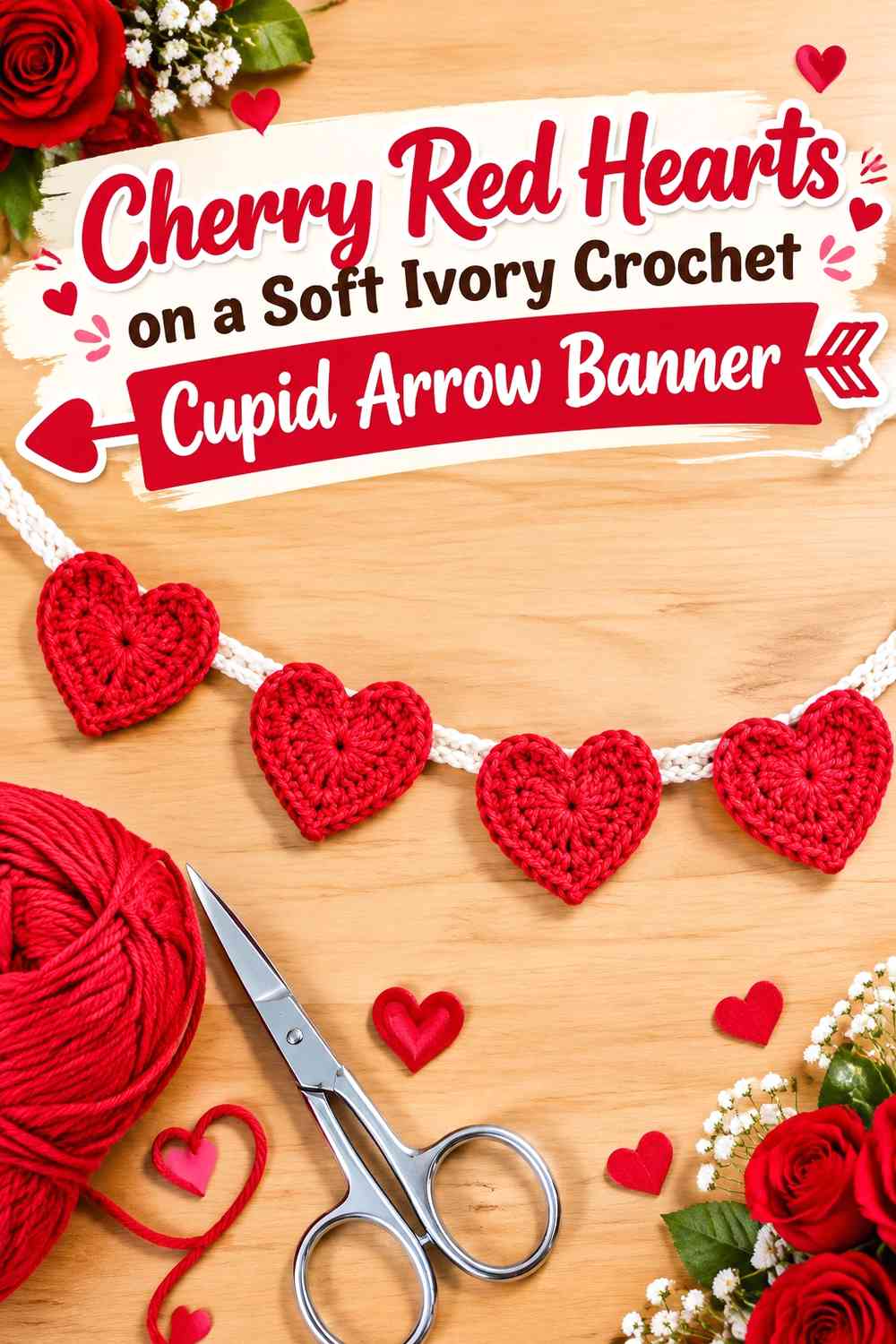 Cherry Red Hearts on a Soft Ivory Crochet Cupid Arrow Banner