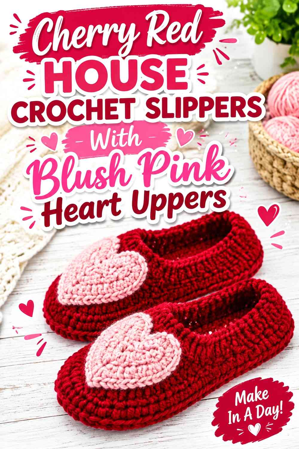 Cherry Red House Crochet Slippers With Blush Pink Heart Uppers