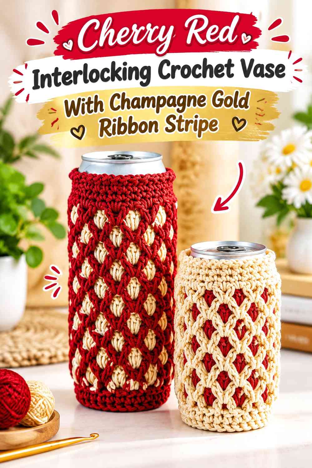 Cherry Red Interlocking Crochet Vase With Champagne Gold Ribbon Stripe