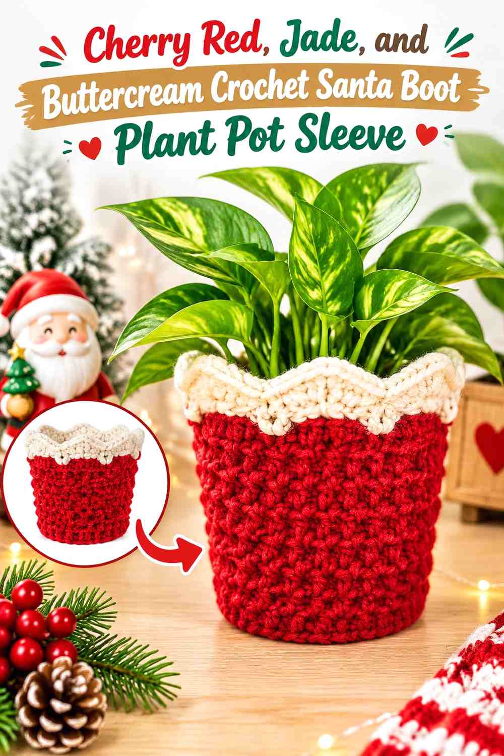 Cherry Red, Jade, and Buttercream Crochet Santa Boot Plant Pot Sleeve