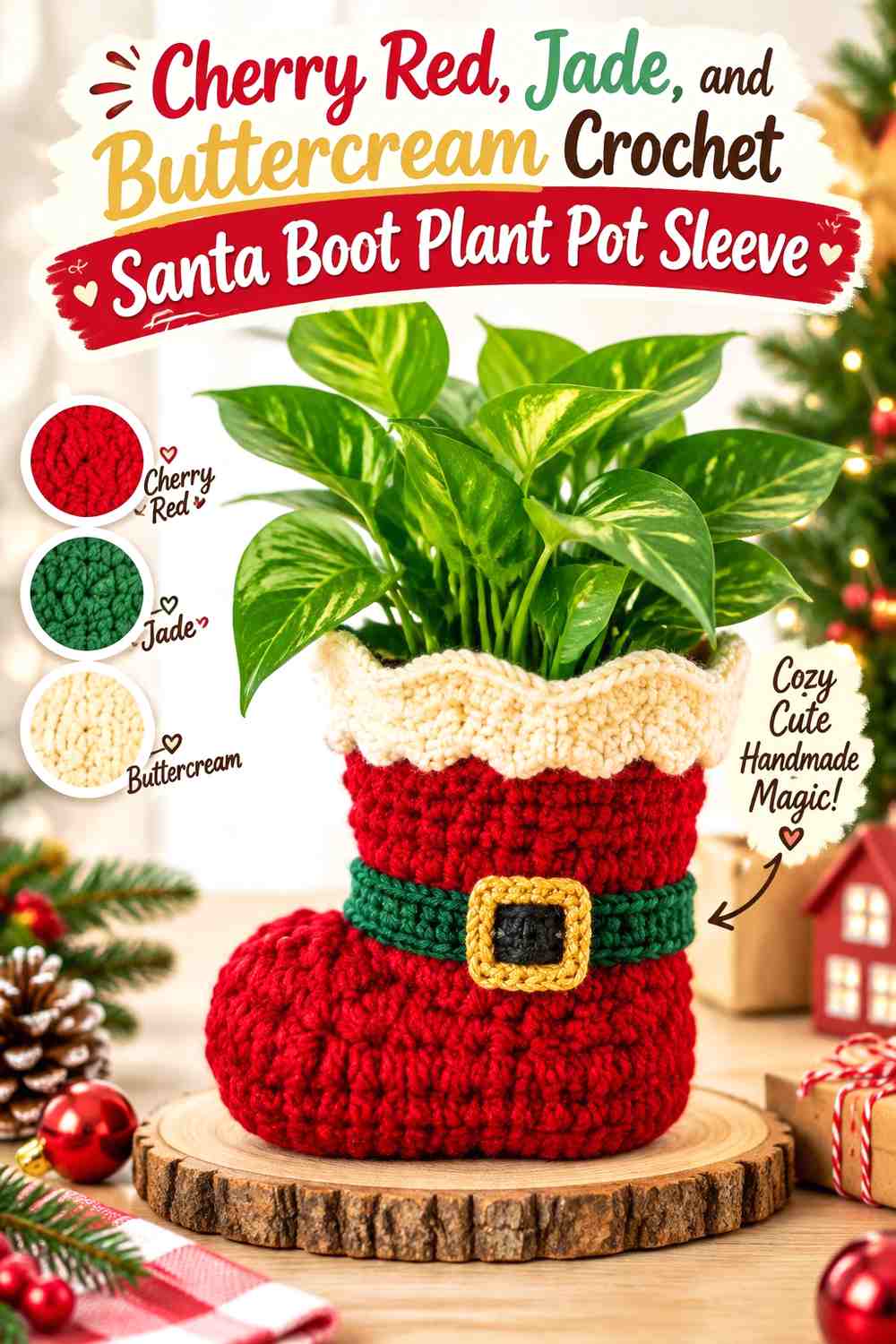 Cherry Red, Jade, and Buttercream Crochet Santa Boot Plant Pot Sleeve